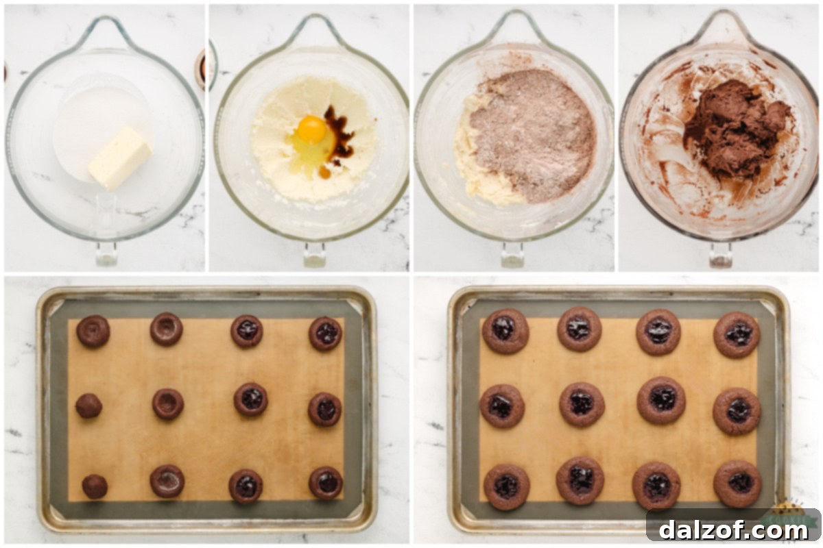 Step by step instructions on how to make Raspberry Chocolate Thumbprint Cookies.