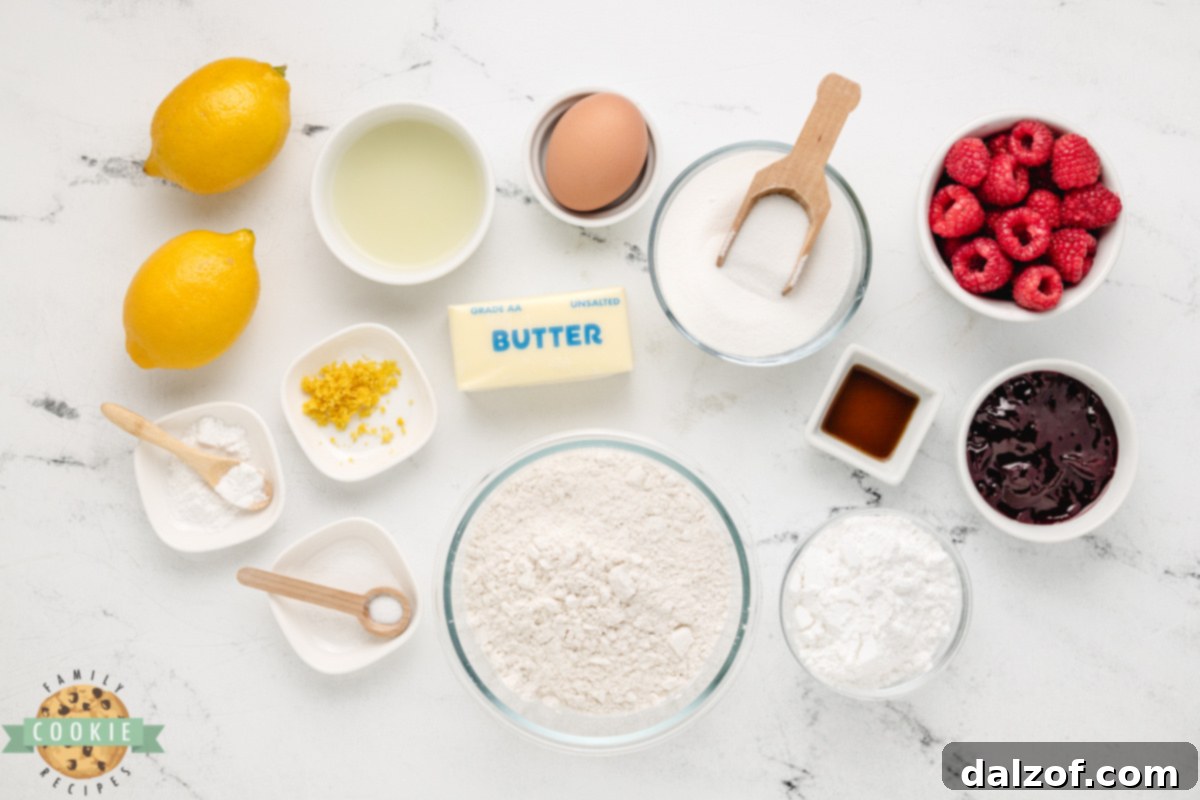 Ingredients in Lemon Raspberry Crinkle Cookies recipe.