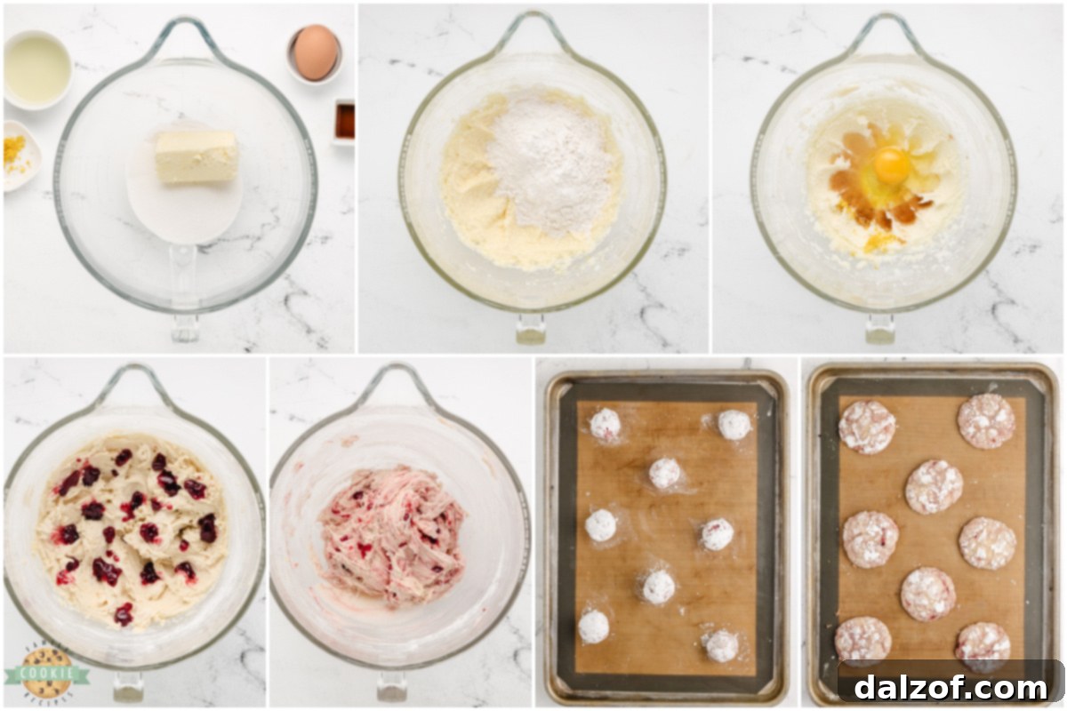 Step by step instructions on how to make Lemon Raspberry Crinkle Cookies.