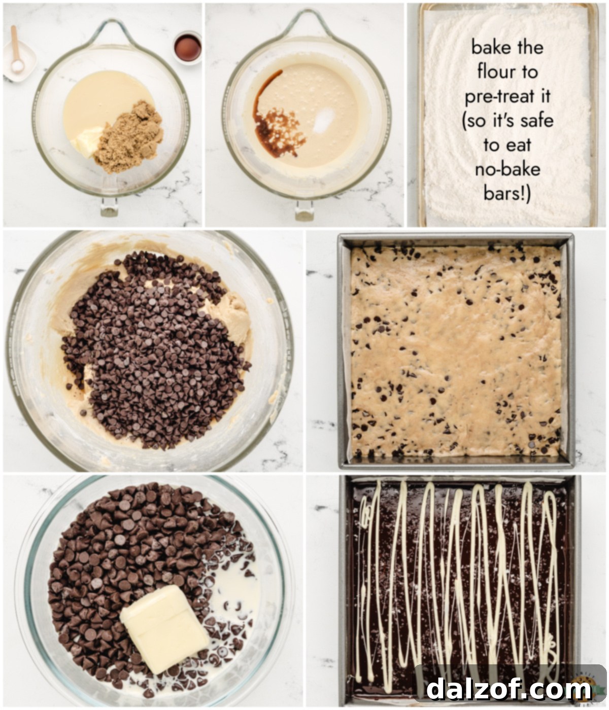 Step-by-step guide on how to make chocolate chip cookie dough bars, showing the mixing process.