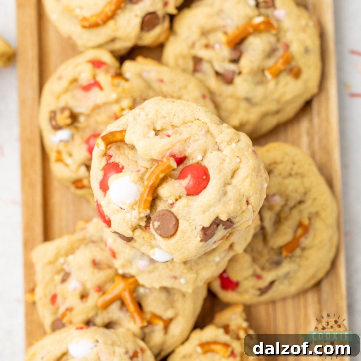Valentine’s Kitchen Sink cookies loaded with chocolate, pretzels, and M&M’s.