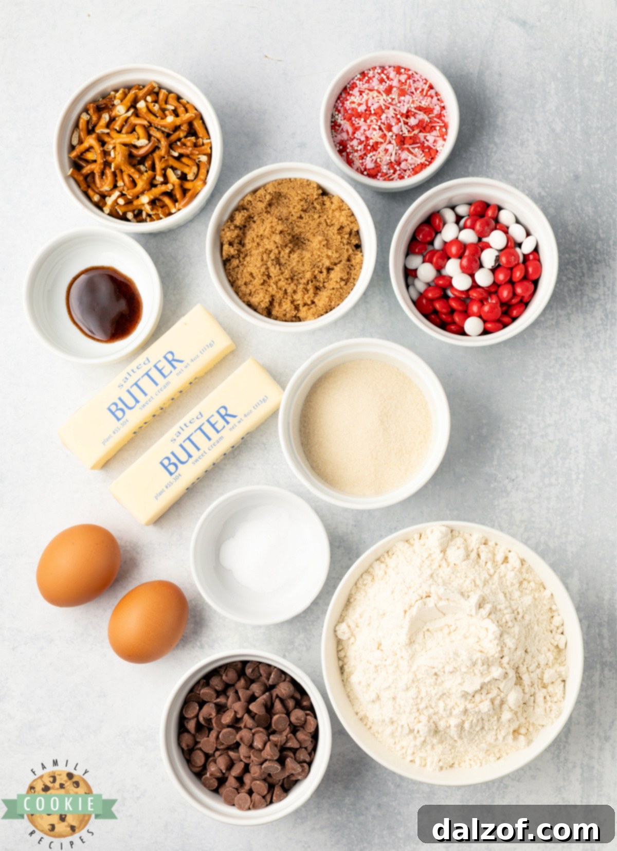 Ingredients in Valentine's Kitchen Sink Cookies recipe.