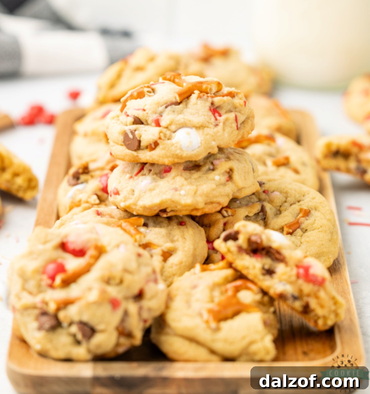 Freshly baked Valentine’s Kitchen Sink cookies with colorful Valentine’s candies.