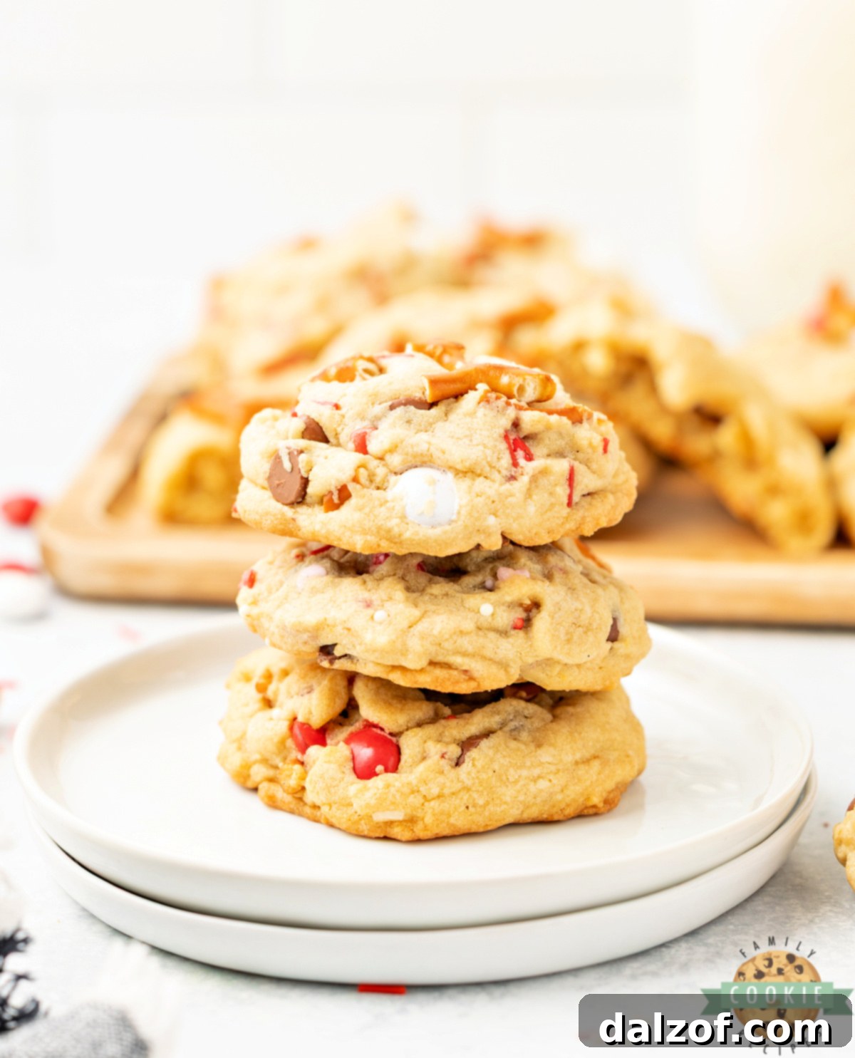 Chewy Valentine’s Kitchen Sink cookies filled with chocolate chips and pretzels.