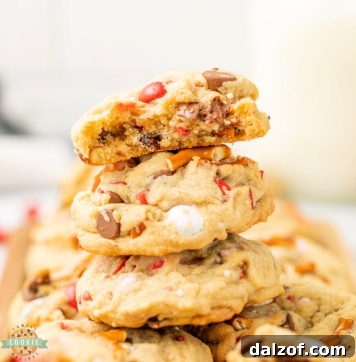 Valentine’s Kitchen Sink cookies stacked on a plate for serving.
