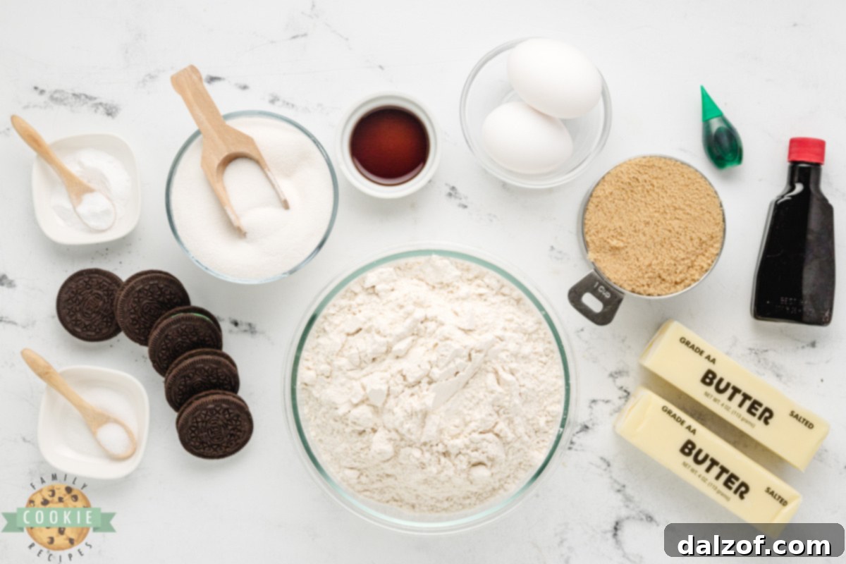 Ingredients for making Mint Oreo Stuffed Cookies.