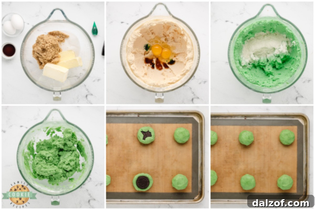 Step-by-step instructions on how to make Mint Oreo Stuffed Cookies.
