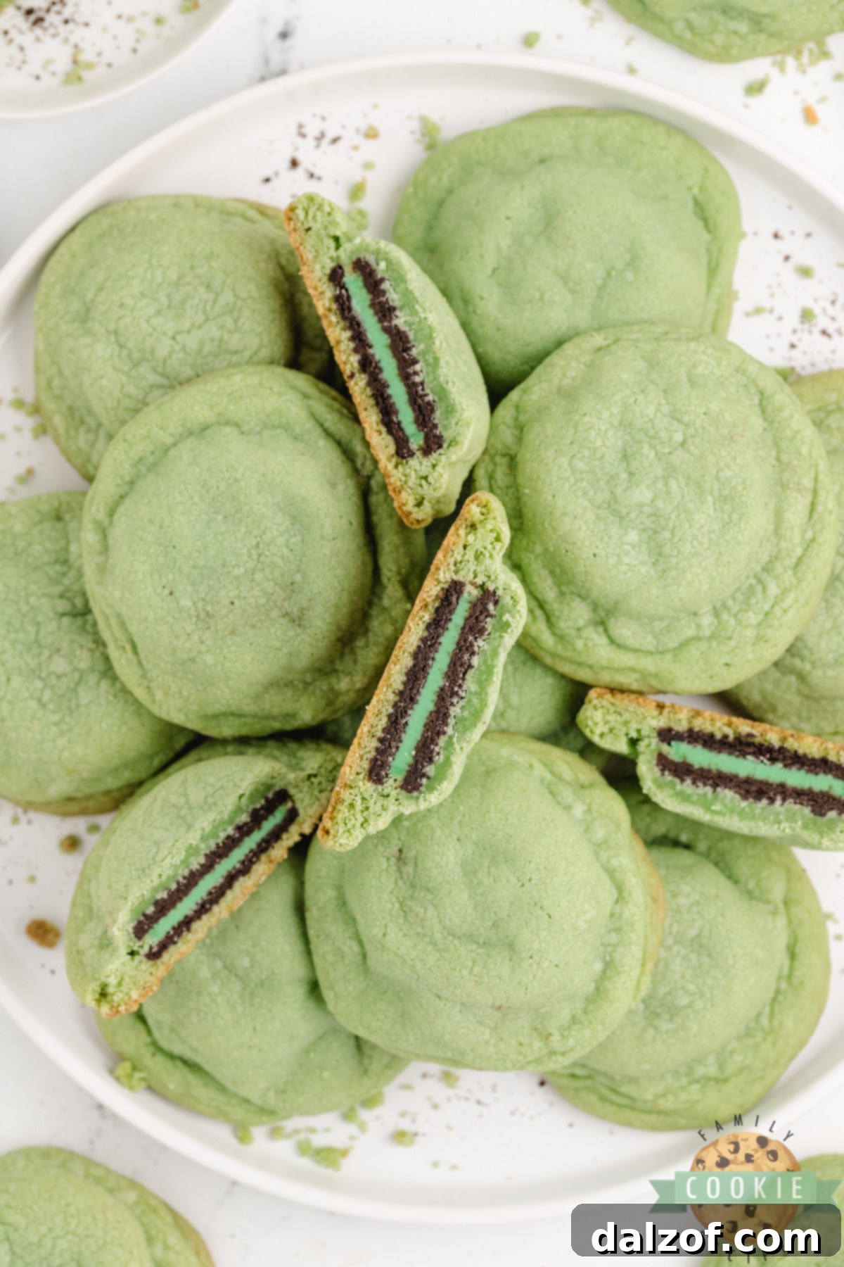 Soft mint Oreo stuffed cookies with a whole Oreo baked inside.