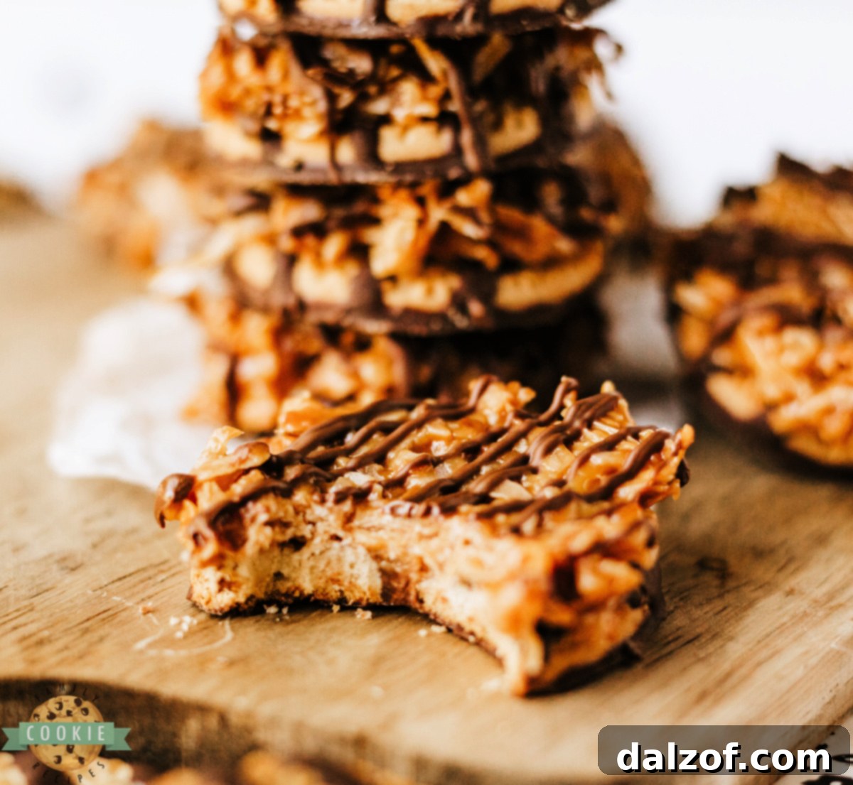 No-bake Samoas cookies made with fudge-striped cookies, caramel coconut topping, and chocolate drizzle.