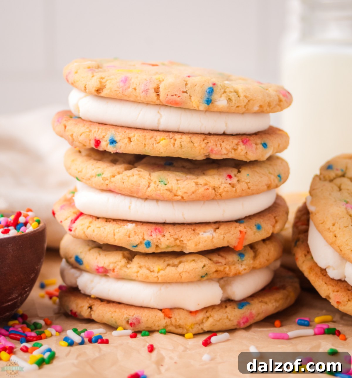 Stack of colorful Funfetti Sandwich Cookies