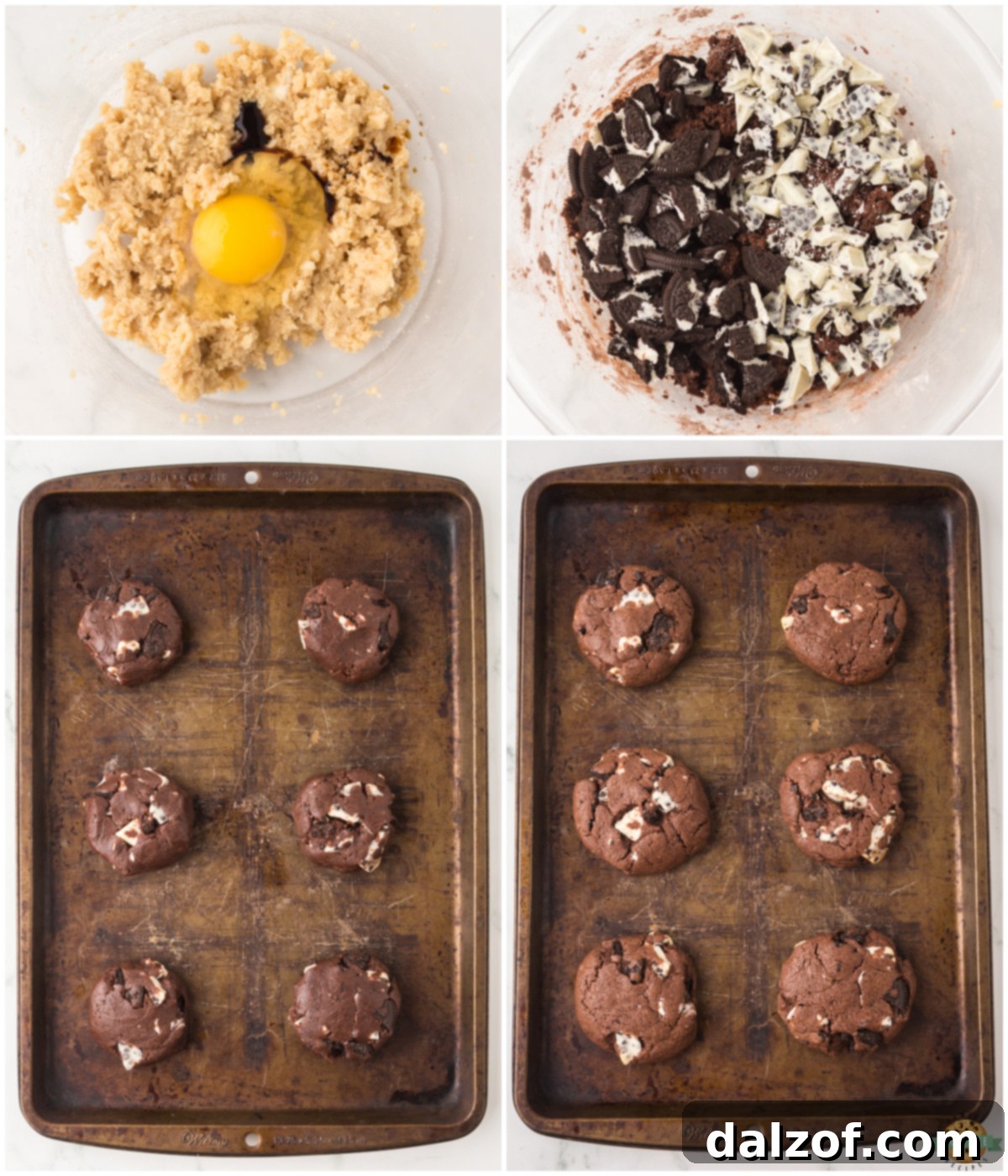 Making chocolate cookies with crushed Oreos and chopped Cookies and Cream candy bars, illustrating the generous mix-ins.