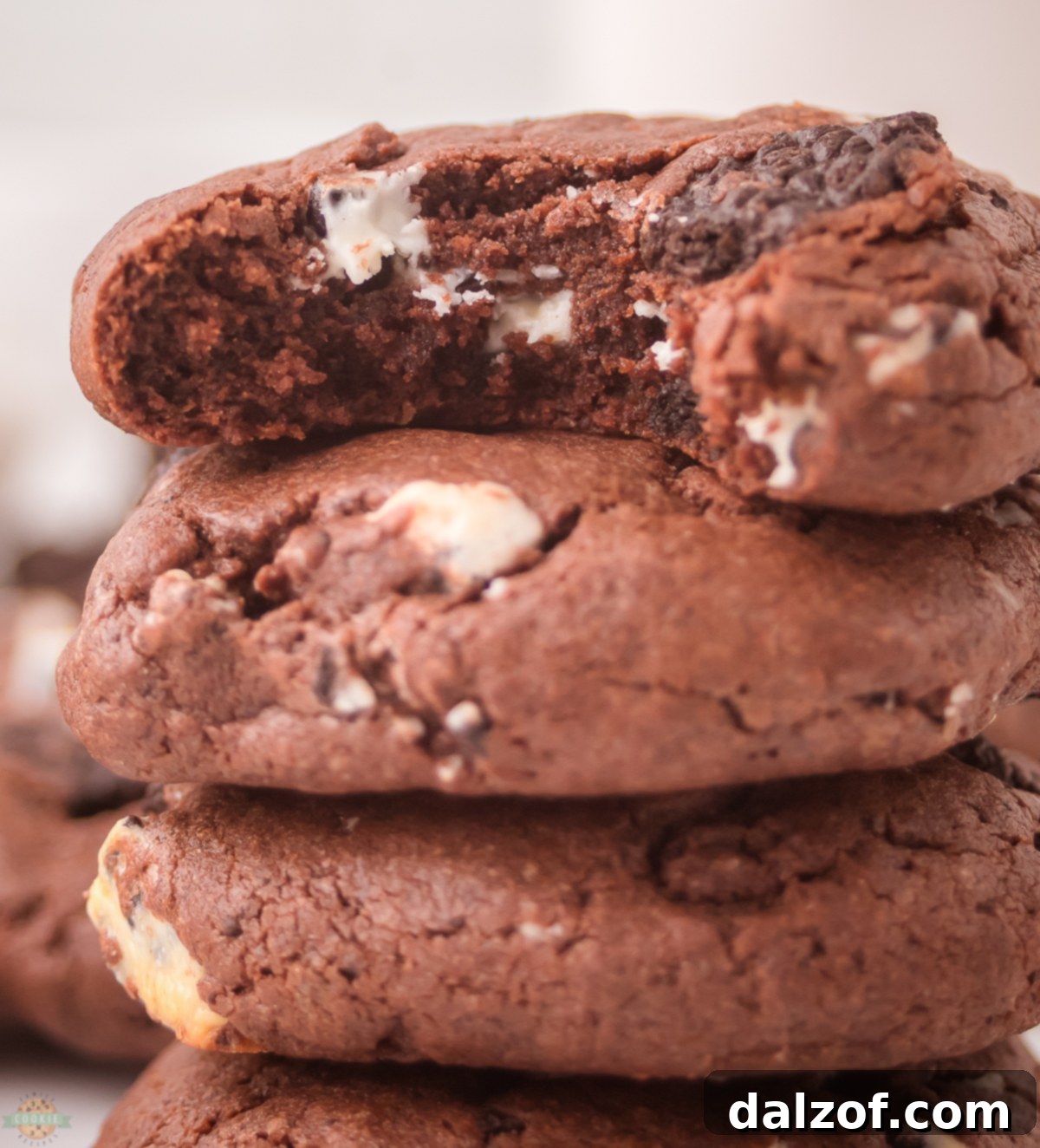 A stack of delicious chocolate cookies and cream cookies, with one cookie having a bite taken out, showing the soft interior.
