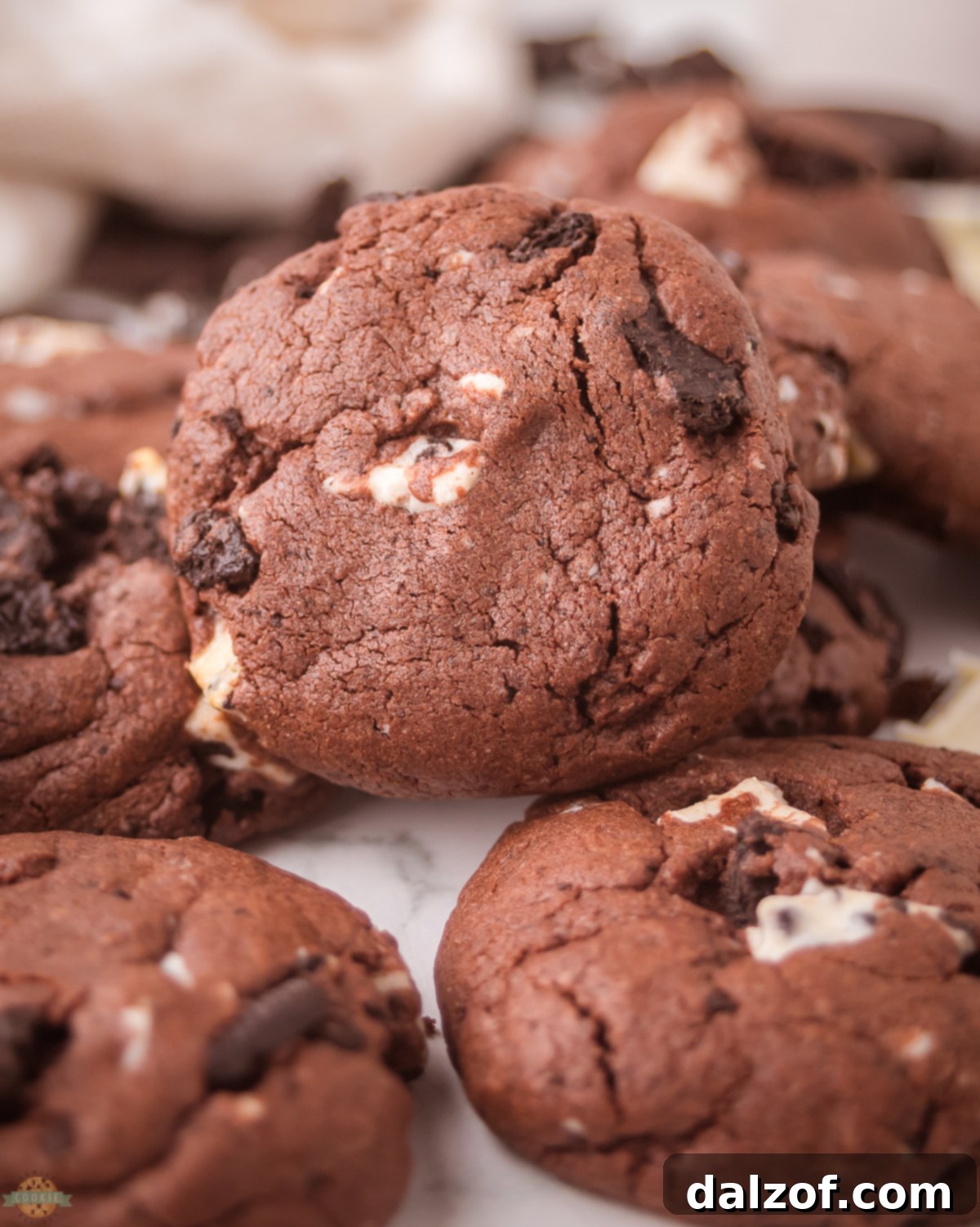 A close-up of a pile of chocolate cookies and cream cookies, highlighting their rich color and texture.