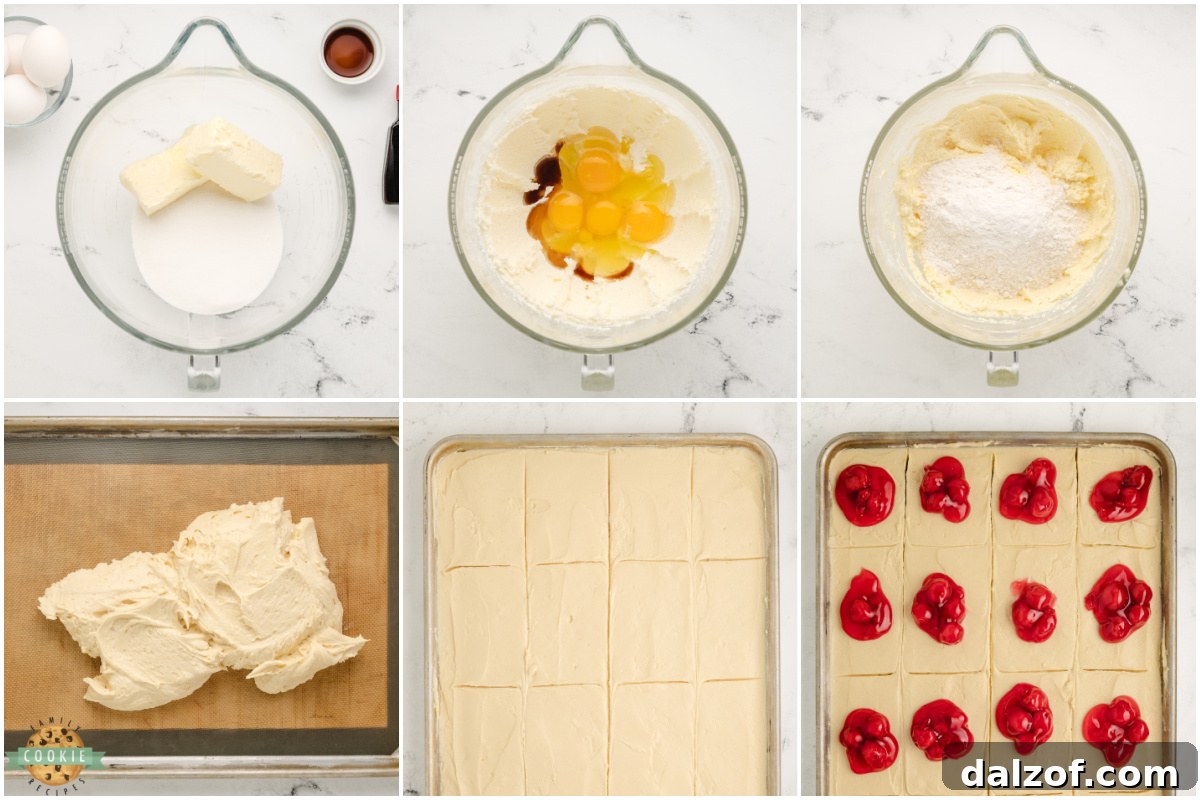 Step by step instructions on how to make Cherry Pie Cookie Bars.