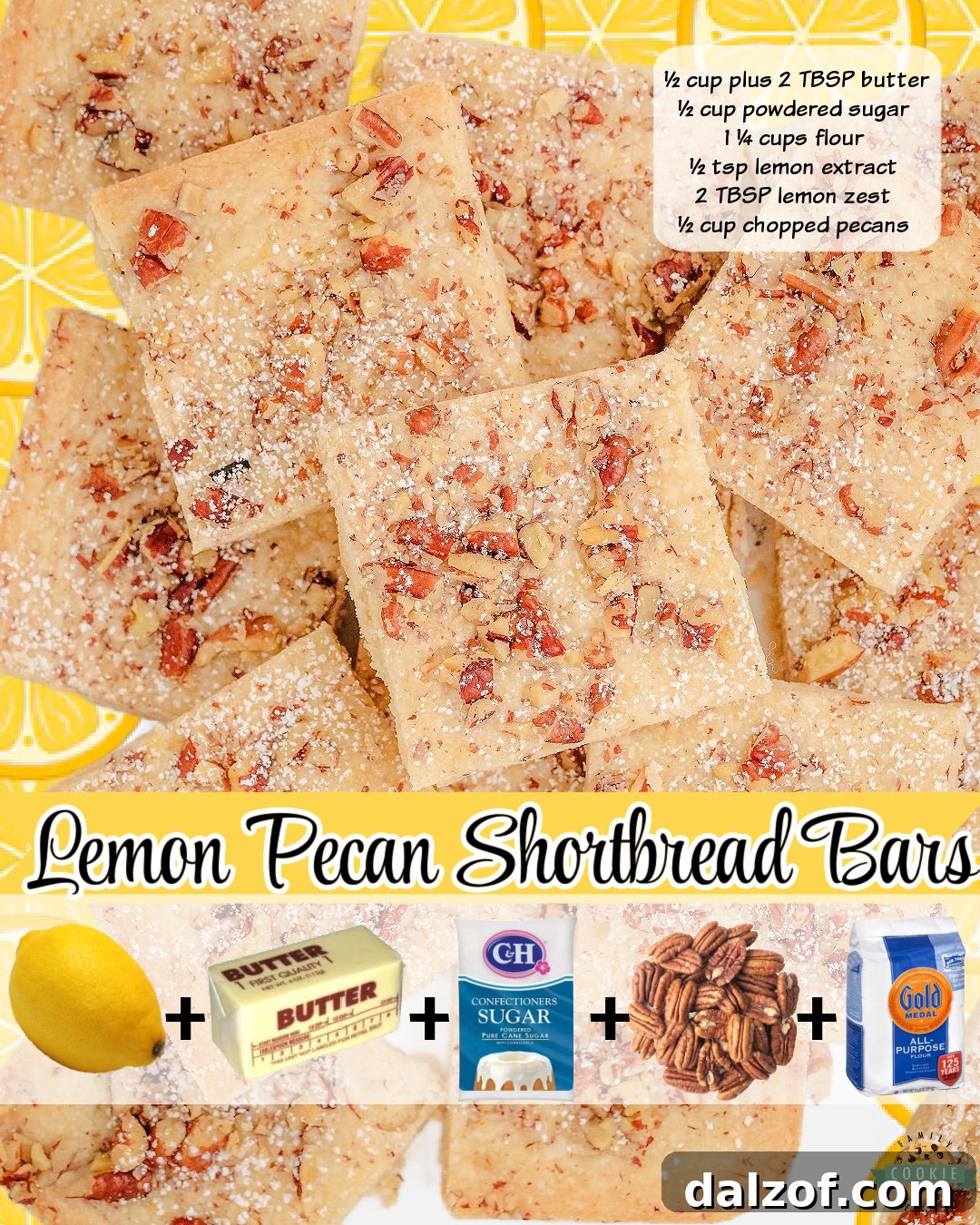 Lemon Pecan Shortbread Bars are a classic treat made with butter, powdered sugar, flour, lemon extract & zest and chopped pecans. Tangy, buttery shortbread baked & cut into squares!