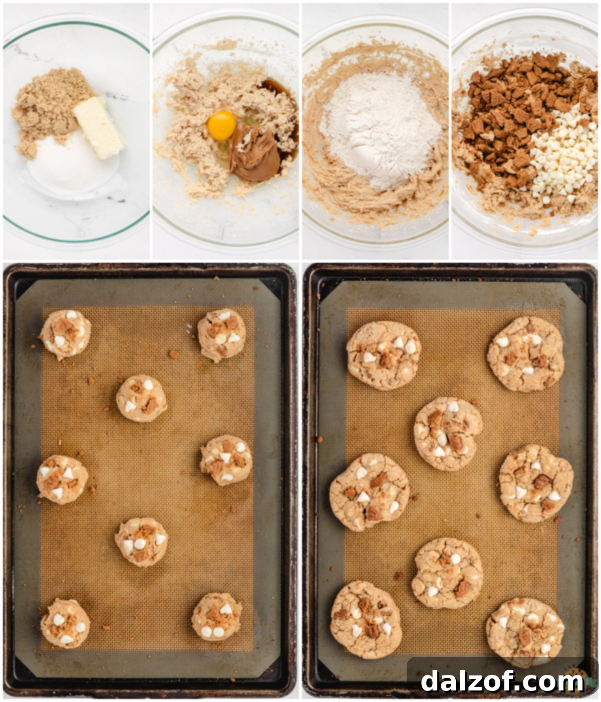 Step-by-step image collage showing how to make white chocolate Biscoff cookies from start to finish.