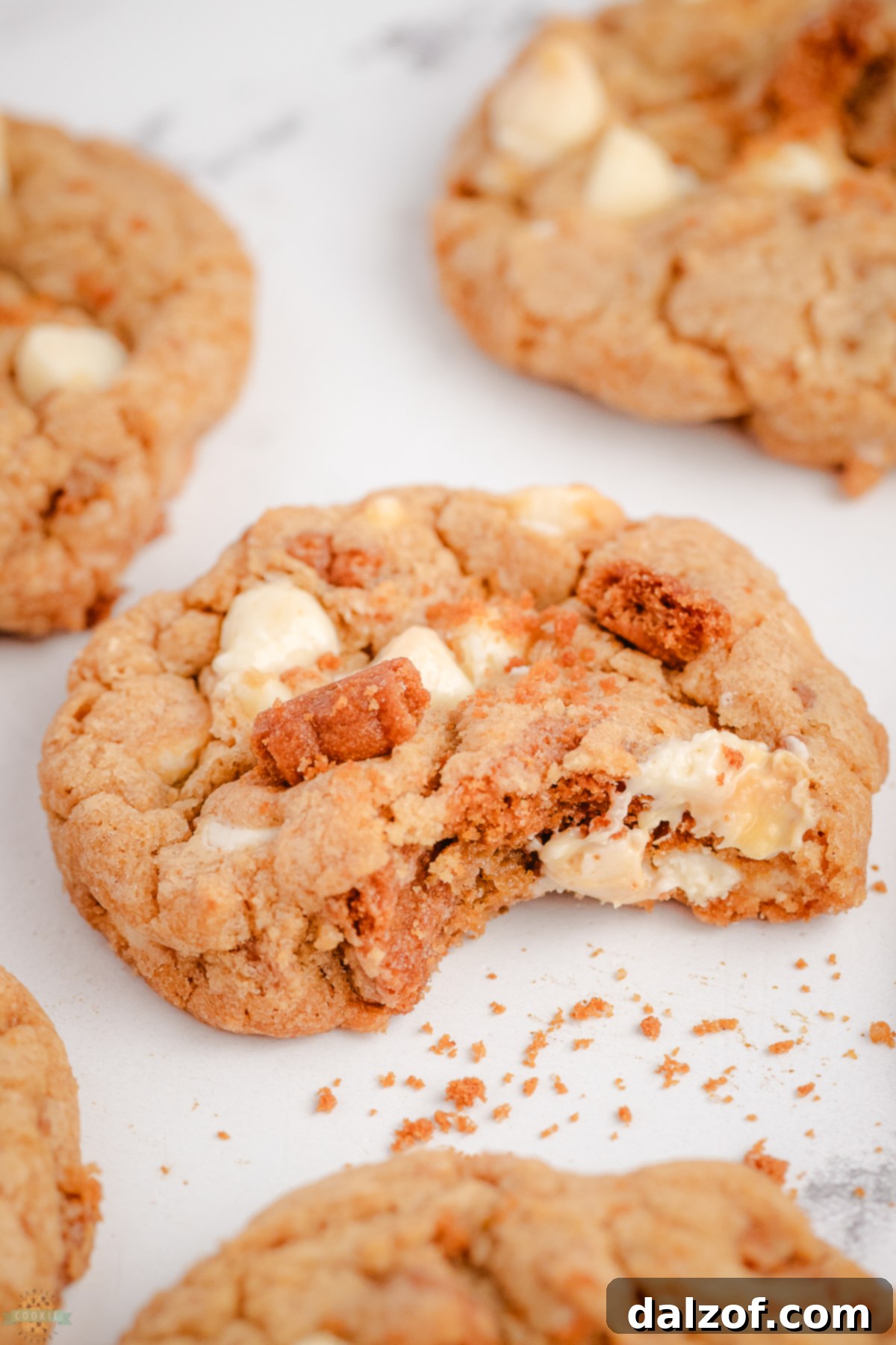 Close up shot of a Biscoff cookie with white chocolate chips, showing a bite taken out.