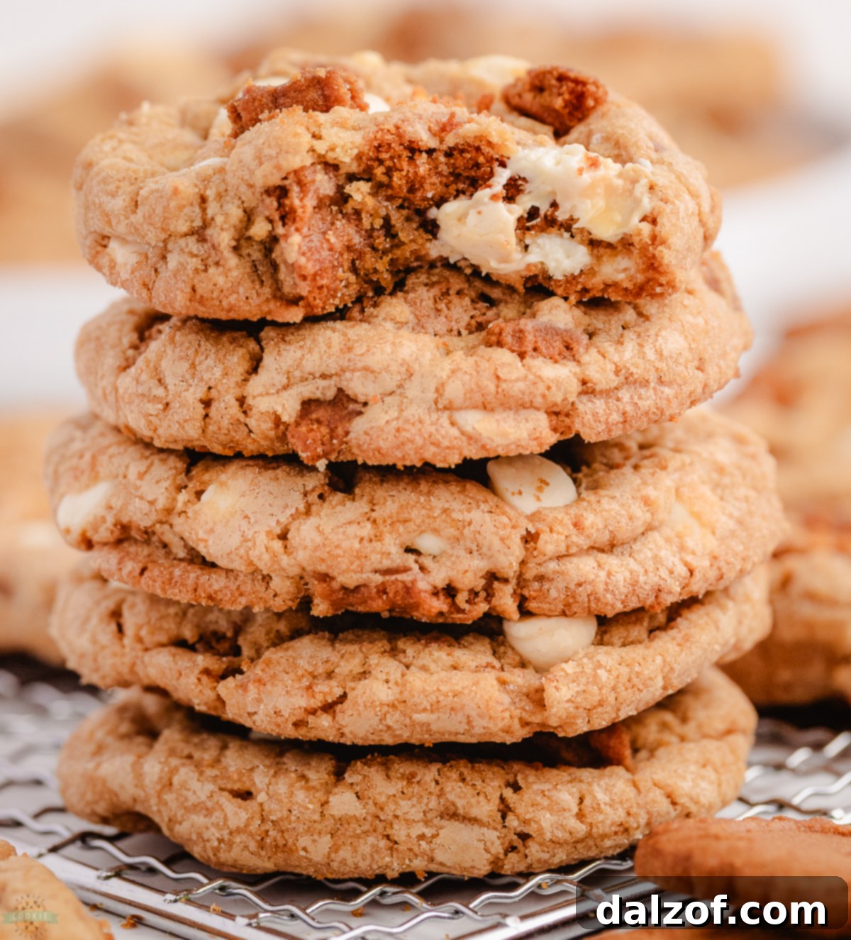 A tall stack of delicious White Chocolate Biscoff Cookies against a white background.
