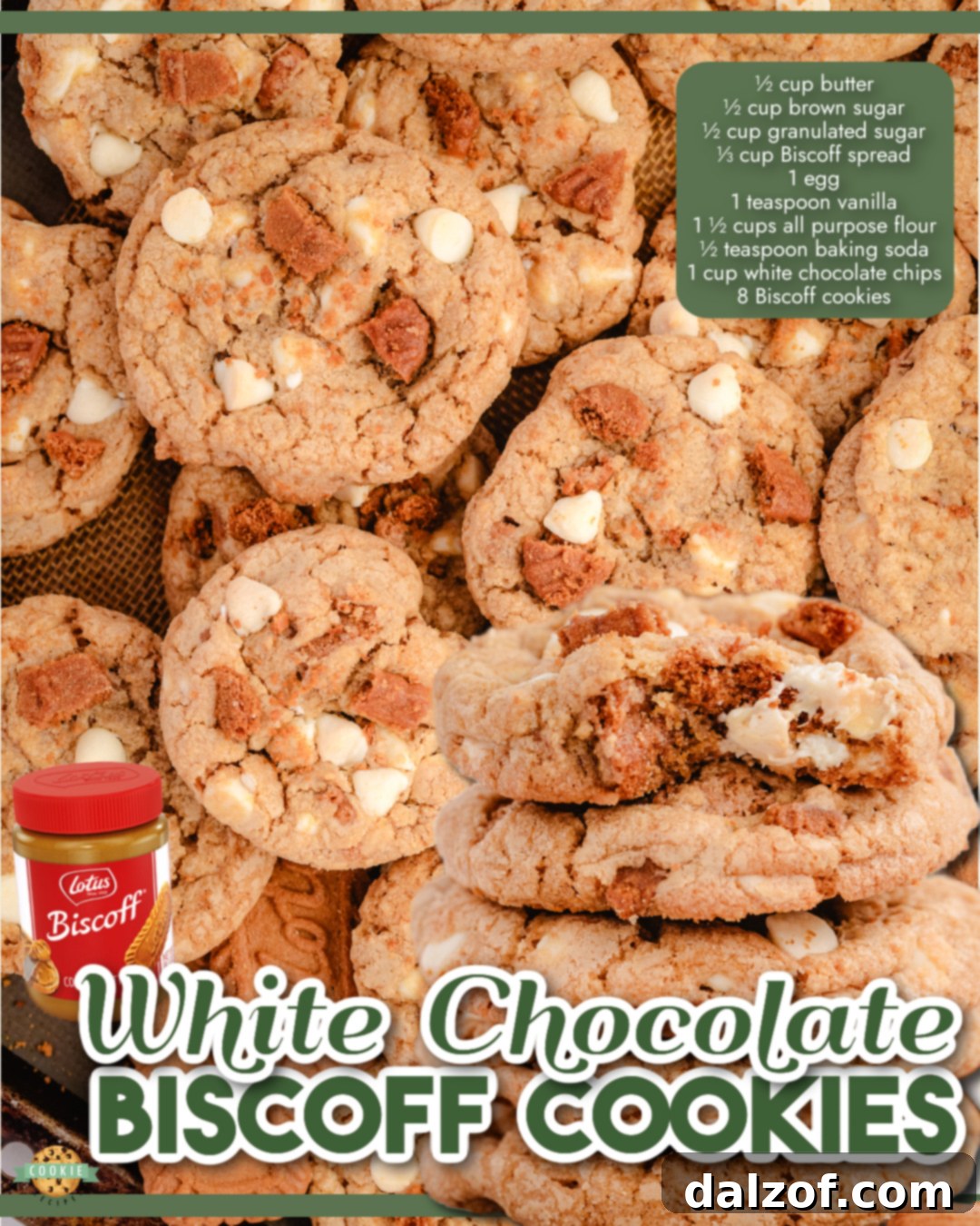 An overhead shot of White Chocolate Biscoff Cookies, perfect for social media sharing and Pinterest.