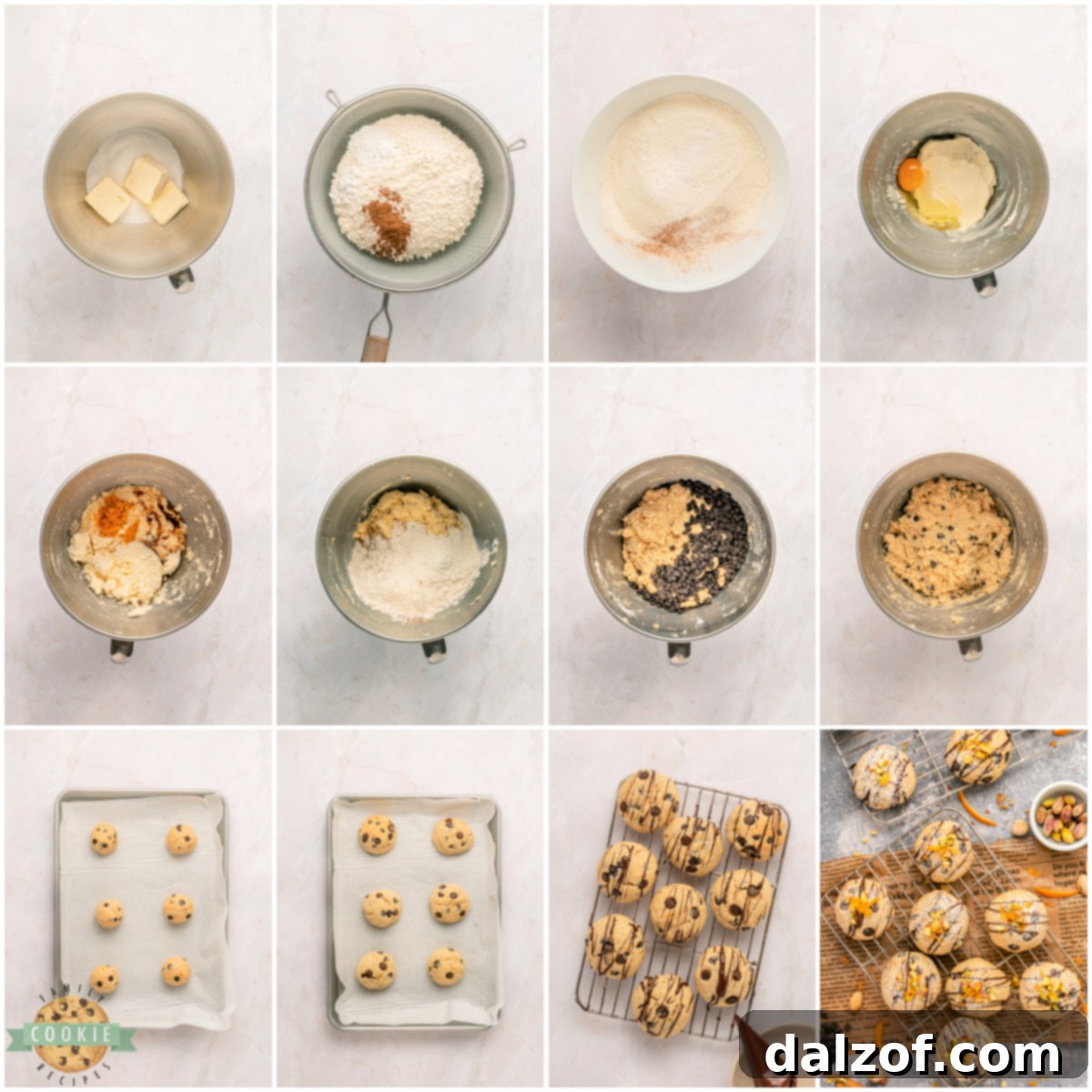A photo collage showing the step-by-step process of making soft cannoli cookies dough.