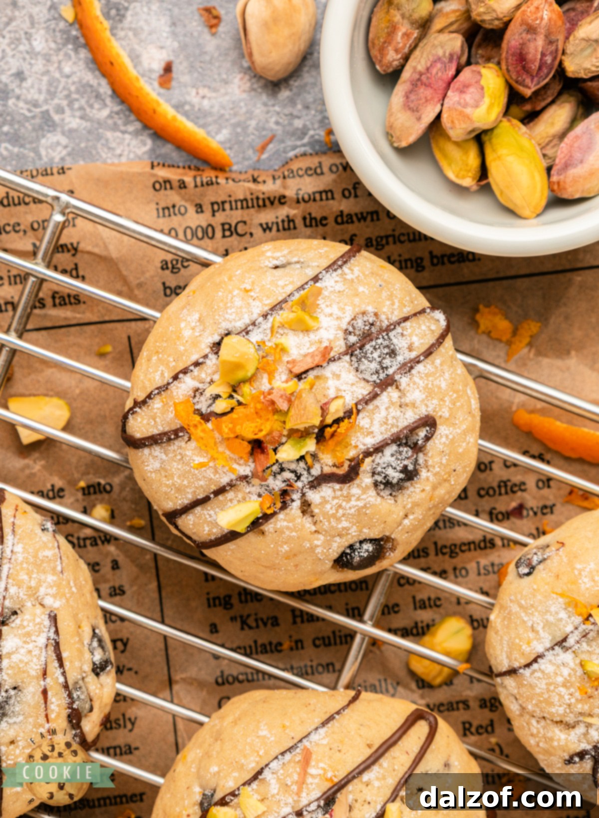 An overhead shot of soft cannoli cookies decorated with pistachios and chocolate chips on parchment paper.