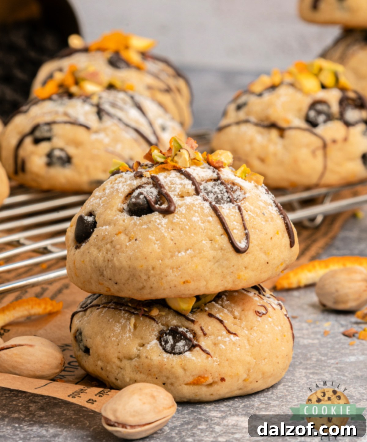 Italian cannoli cookies dusted with powdered sugar and garnished with orange zest, ready to be served.