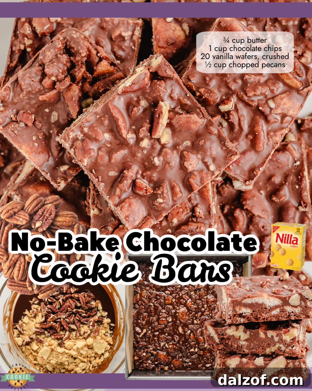 Super simple Chocolate Pecan Cookie Bars made easy with 4 ingredients: butter, chocolate chips, vanilla wafer cookies & chopped pecans- no oven required!