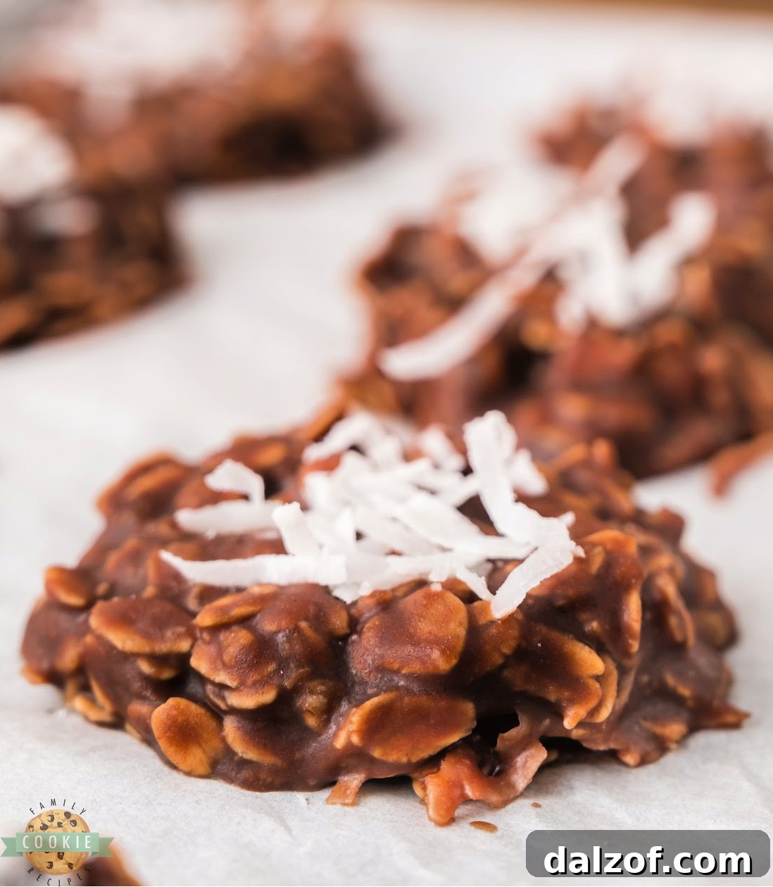 Chocolate coconut no bake cookies made with oats and peanut butter.