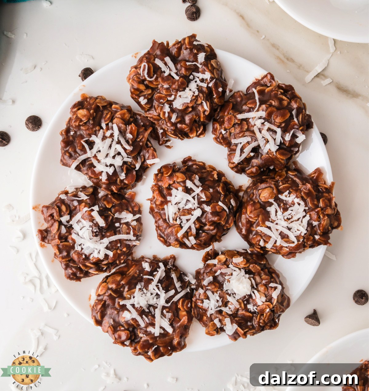 Easy no bake coconut cookies made with peanut butter and chocolate chips.