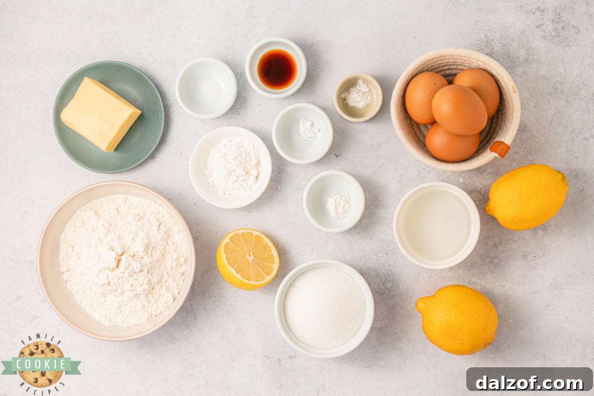Ingredients for lemon meringue pie cookies including lemons, egg yolks, and sugar