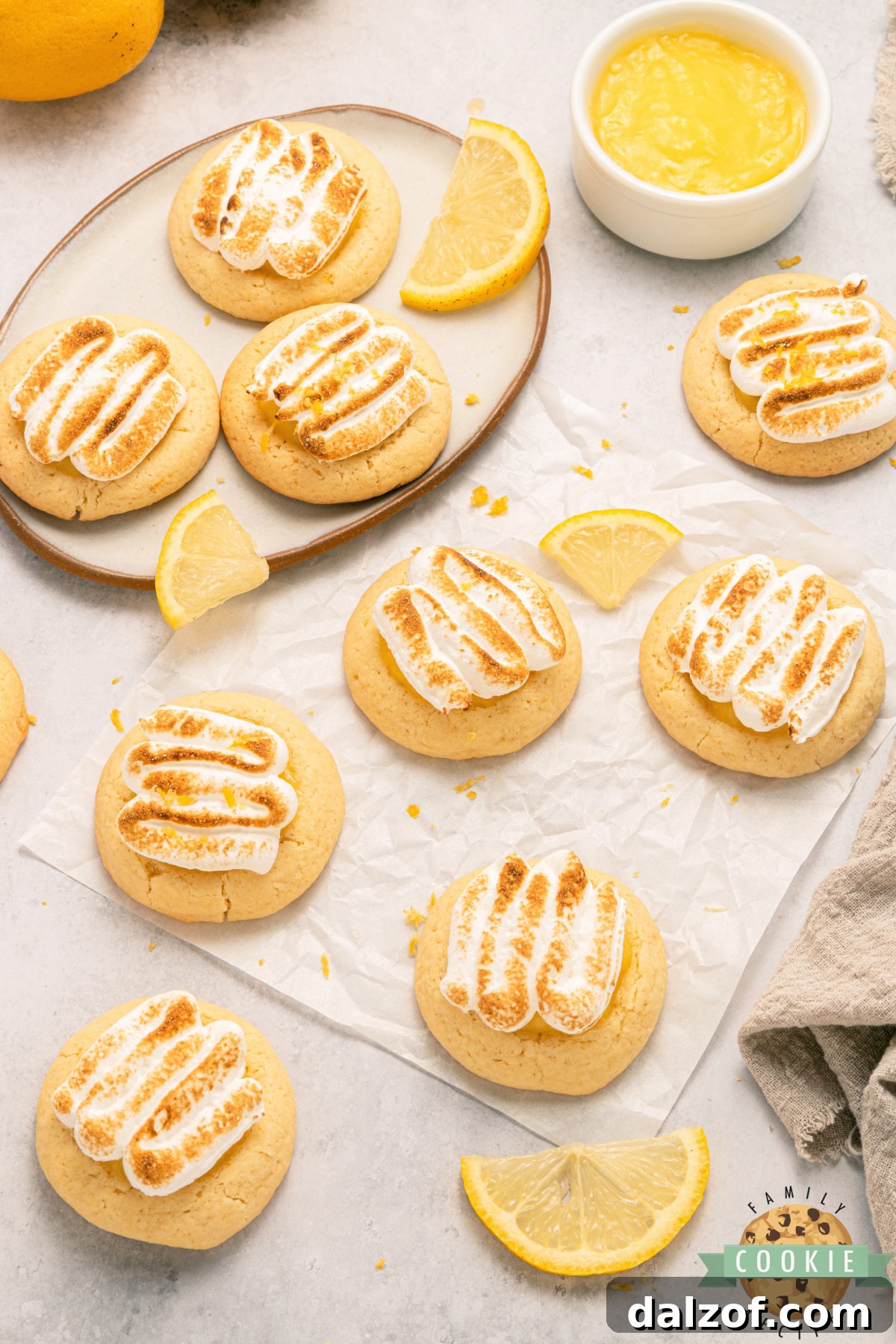 Lemon meringue pie cookies topped with toasted meringue.
