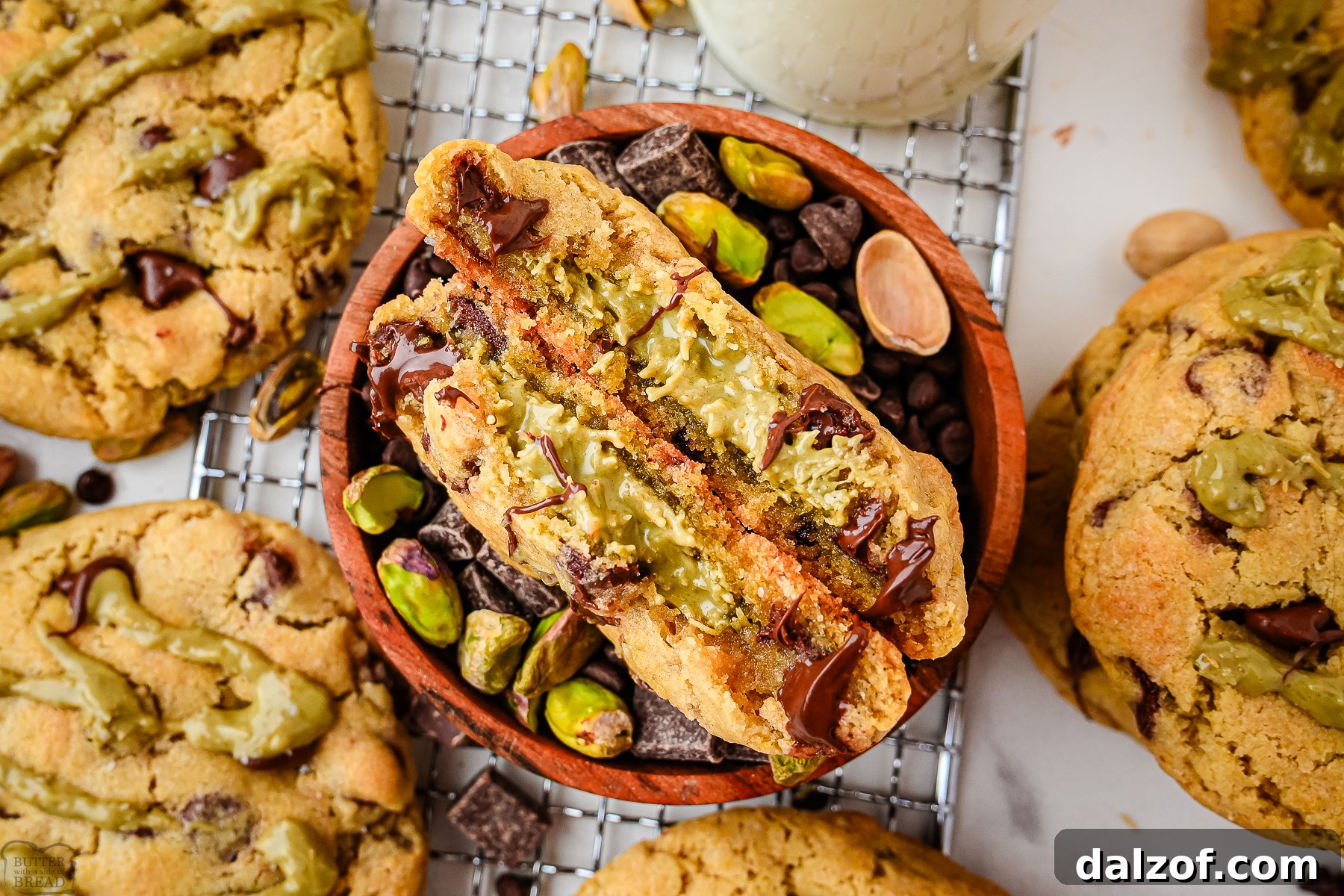 Dubai Chocolate Chip cookies surrounded by pistachios