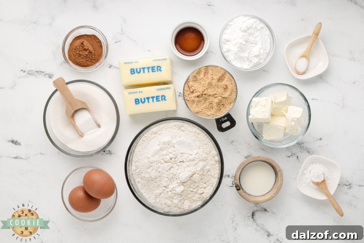 Ingredients in Cinnamon Roll Sugar Cookie Bars.