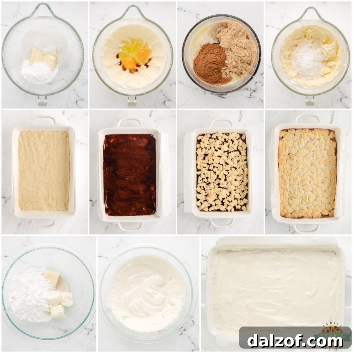 Step by step instructions on how to make Cinnamon Roll Sugar Cookie Bars.